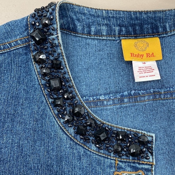 Ruby Rd. Denim Blue Jean Jacket Black Jewel Neck Size 16 - Picture 5 of 9